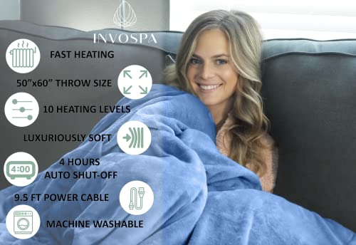 Electric Throw Heated Blanket - 50" x 60" Blue Fast Heating Blanket, 10 Heat Levels, 4 Hours Auto Shut-Off - Electric Blanket Throw Portable Heated Lap Pad - Machine Washable Heated Throw Gift…