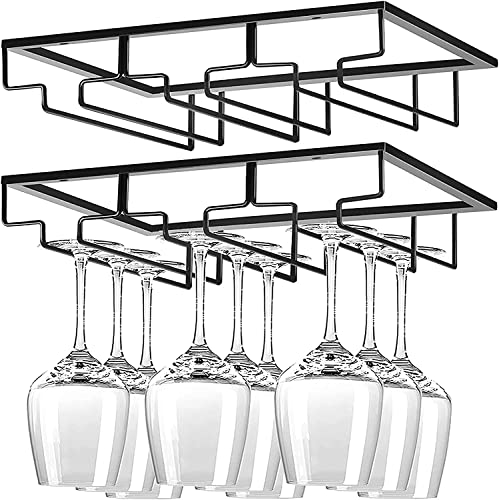 Wine Glass Rack Under Cabinet,2 Pack Metal Wine Glass Holder Stemware Rack, Black 3 Rows Wine Glass Hanger Rack for Kitchen Bar,Easy Install Under Shelf Wine Glass Holder