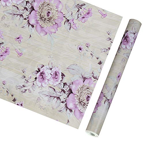 PoetryHome Self Adhesive Vinyl Purple Peony Contact Paper Shelf Liner Cabinets Dresser Drawer Liner Peel and Stick Vintage Floral Wallpaper Roll 17.7x117 Inches