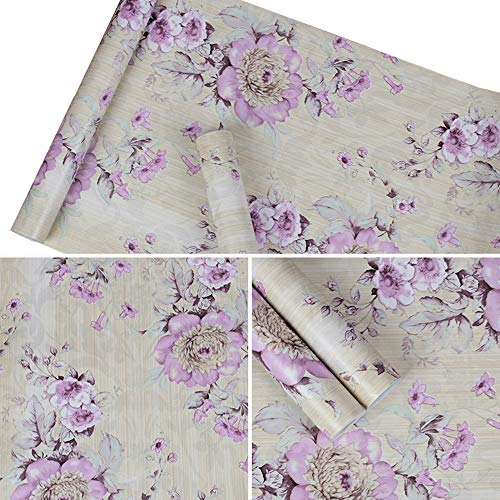 PoetryHome Self Adhesive Vinyl Purple Peony Contact Paper Shelf Liner Cabinets Dresser Drawer Liner Peel and Stick Vintage Floral Wallpaper Roll 17.7x117 Inches