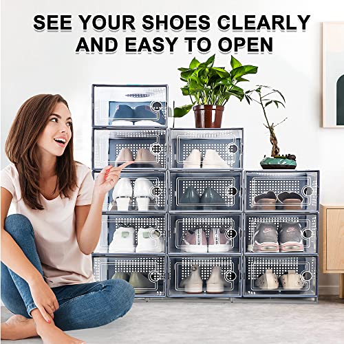 Kuject Shoe Organizer Storage Boxes for Closet 12 Packs Grey, Clear Plastic Stackable Shoe Storage Bins with Drawers & Lids, Under Bed Shoe Storage Containers For Entryway, Closet, Drop Front