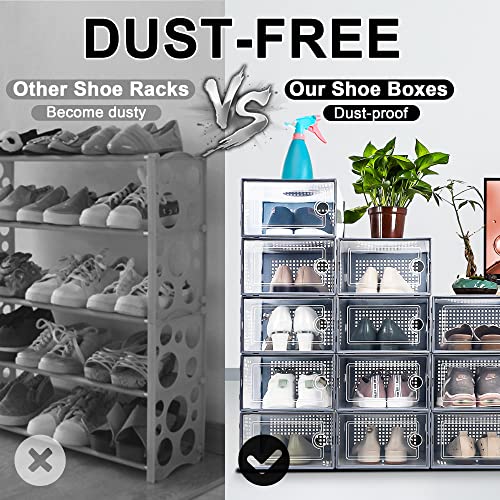 Kuject Shoe Organizer Storage Boxes for Closet 12 Packs Grey, Clear Plastic Stackable Shoe Storage Bins with Drawers & Lids, Under Bed Shoe Storage Containers For Entryway, Closet, Drop Front