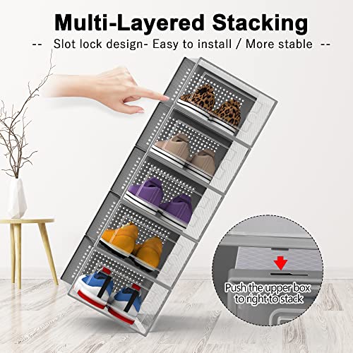 Kuject Shoe Organizer Storage Boxes for Closet 12 Packs Grey, Clear Plastic Stackable Shoe Storage Bins with Drawers & Lids, Under Bed Shoe Storage Containers For Entryway, Closet, Drop Front