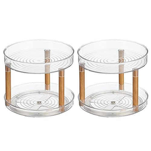 Nate Home by Nate Berkus 2-Tier Plastic 9-Inch Turntable Organizer with Ash Wood Accents | for Kitchen Cabinet, Countertop, or Pantry Organizing from mDesign - Set of 2, Clear/Natural