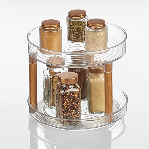 Nate Home by Nate Berkus 2-Tier Plastic 9-Inch Turntable Organizer with Ash Wood Accents | for Kitchen Cabinet, Countertop, or Pantry Organizing from mDesign - Set of 2, Clear/Natural