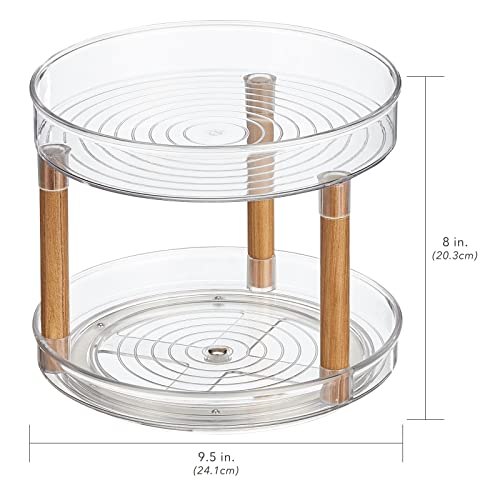 Nate Home by Nate Berkus 2-Tier Plastic 9-Inch Turntable Organizer with Ash Wood Accents | for Kitchen Cabinet, Countertop, or Pantry Organizing from mDesign - Set of 2, Clear/Natural