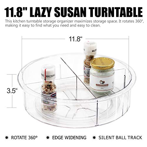 Popdylan Lazy Susan,360 Rotating Clear Plastic Spice Rack with Dividers,11.8“ Turntable Cabinet Organizer for Cabinet, Fridge, Kitchen, Bathroom, Vanity Display Stand 11.8in