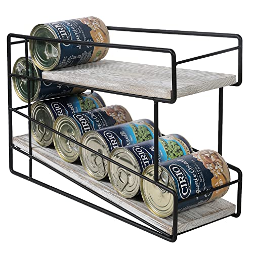 MyGift 2-Tier Rustic Whitewashed Wood and Black Metal Wire Pantry Canned Food Dispenser Storage Organizer Rack