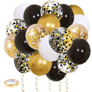 zesliwy black gold confetti balloons 50 pack – 12 inch gold white and black confetti balloons with ribbons for graduation birthday wedding party decorations