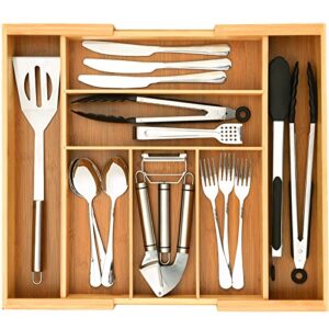 sanduby kitchen drawer organizer, expandable silverware organizer and silverware tray for drawer, large bamboo drawer organizer kitchen utensil organizer, 13″-23″ wide cutlery organizer in drawer