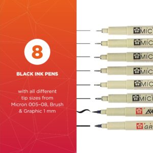 Sakura Pigma 30067 Micron Blister Card Ink Pen Set, Black, 8/Set