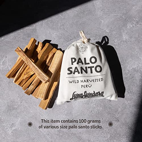 Luna Sundara - 100 g. Palo Santo Sticks from Peru Sustainably Wild Harvested Quality Hand Picked - (Approximately 12-20 Sticks) Includes a Reusable Drawstring Bag.