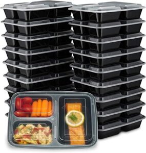 ez prepa [20 pack] 32oz 3 compartment meal prep containers with lids – bento box – plastic – stackable, reusable, microwaveable & dishwasher safe