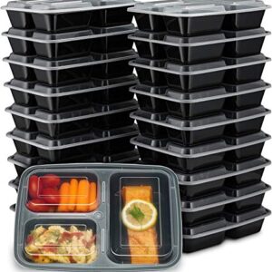 Ez Prepa [20 Pack] 32oz 3 Compartment Meal Prep Containers with Lids - Bento Box - Plastic - Stackable, Reusable, Microwaveable & Dishwasher Safe