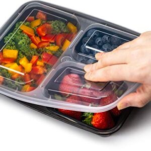 Ez Prepa [20 Pack] 32oz 3 Compartment Meal Prep Containers with Lids - Bento Box - Plastic - Stackable, Reusable, Microwaveable & Dishwasher Safe