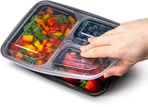 Ez Prepa [20 Pack] 32oz 3 Compartment Meal Prep Containers with Lids - Bento Box - Plastic - Stackable, Reusable, Microwaveable & Dishwasher Safe