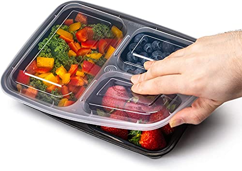 Ez Prepa [20 Pack] 32oz 3 Compartment Meal Prep Containers with Lids - Bento Box - Plastic - Stackable, Reusable, Microwaveable & Dishwasher Safe