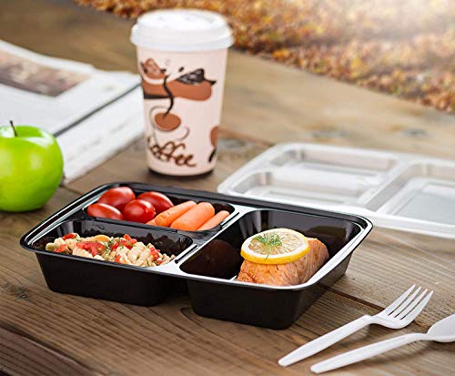 Ez Prepa [20 Pack] 32oz 3 Compartment Meal Prep Containers with Lids - Bento Box - Plastic - Stackable, Reusable, Microwaveable & Dishwasher Safe