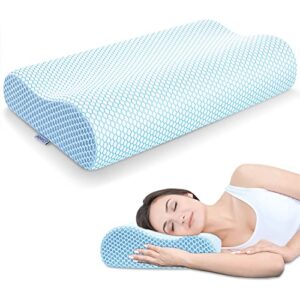 anvo memory foam pillow, neck contour cervical orthopedic pillow for sleeping side back stomach sleeper, ergonomic bed pillow for neck pain – blue white, firm