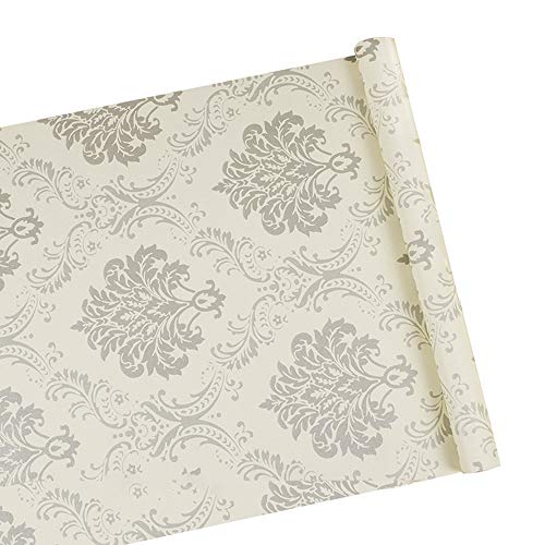 LovingWay Vintage Shelf Liner Self-Adhesive 17.7x177 Inch Drawer Covering PVC Paper Upgrade Old Furnitures Looking Grey Damask