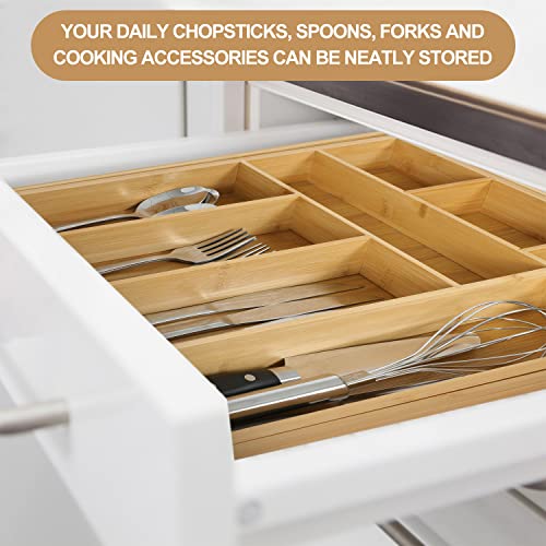 aceyoon Bamboo Kitchen Silverware Drawer Organizer,Expandable Cutlery Holder with Drawer Dividers, Adjustable Kitchen Utensil Organizer for Flatware,Utensils,Cutlery (8-10 Slot)