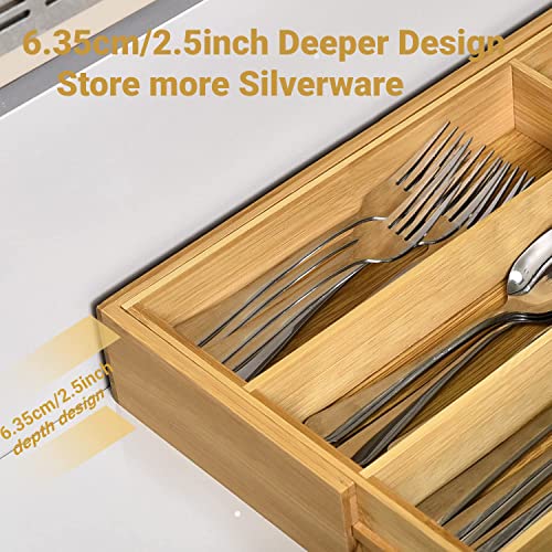 aceyoon Bamboo Kitchen Silverware Drawer Organizer,Expandable Cutlery Holder with Drawer Dividers, Adjustable Kitchen Utensil Organizer for Flatware,Utensils,Cutlery (8-10 Slot)