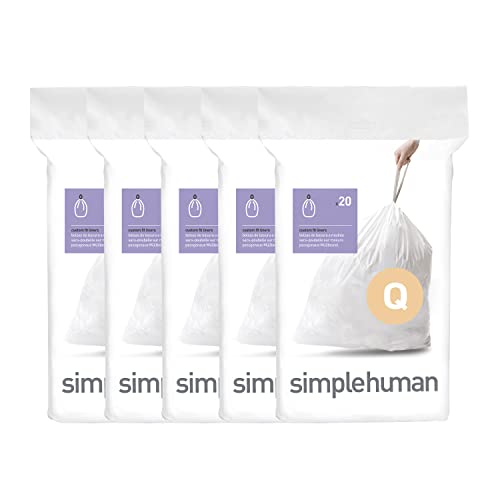 simplehuman Code Q Custom Fit Drawstring Trash Bags in Dispenser Packs, 100 Count, 50-65 Liter / 13-17 Gallon, White