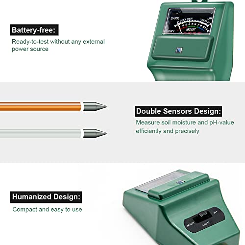 SONKIR Soil pH Meter, MS02 3-in-1 Soil Moisture/Light/pH Tester Gardening Tool Kits for Plant Care, Great for Garden, Lawn, Farm, Indoor & Outdoor Use (Green)