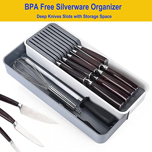 drawer tray expandable knife organizer Adjustable cutlery fork tray gift kitchen holder silverware organizer for utensils holder DIY organizer for silverware knives (White-Gray, Large)