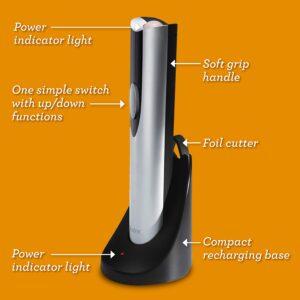 oster electric wine opener and foil cutter kit with corkscrew and charging base, silver