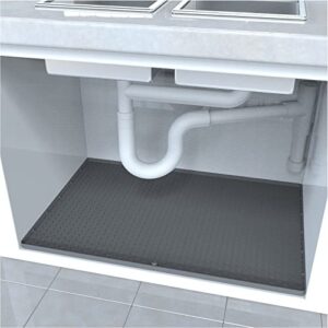 under sink mat kitchen & bathroom cabinet liner, waterproof 34”x22” silicone under kitchen sink liner mat with drain hole (grey)