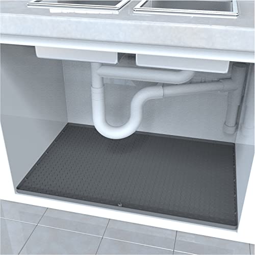 Under Sink Mat Kitchen & Bathroom Cabinet Liner, Waterproof 34”x22” Silicone Under Kitchen Sink Liner Mat with Drain Hole (Grey)