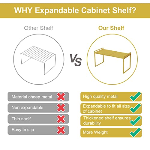 PASRLD Expandable Cabinet Shelf Organizers, Kitchen Cabinet Organizer Shelves Spice Rack Cupboard Organizers Storage, 14.1 to 23.6 Inch Metal Plate Shelves (Gold, 9Inches)