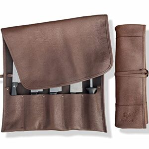 marion – la petite – genuine calf top grain brown leather – handcrafted professional chef’s knife storage roll bag – 5 pockets…