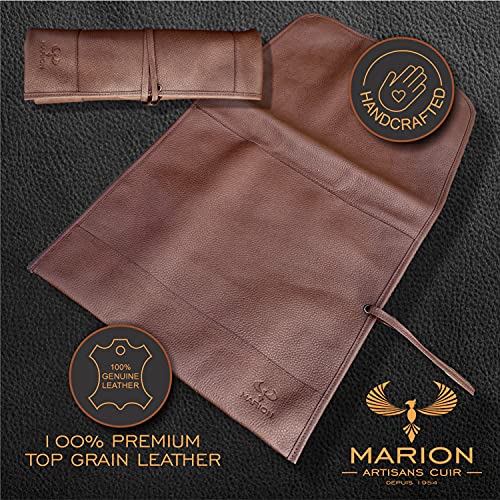 MARION - LA PETITE - Genuine Calf Top Grain Brown Leather - Handcrafted Professional Chef's Knife Storage Roll Bag - 5 Pockets…