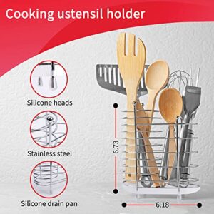 Utensil Caddy Organizer for Kitchen Counter - Modern Silverware Storage-2 Sections Hollowware Holder for Spatula Spoon with Silicone Double Detachable Grates-Rust-resistant Free Standing Flatware Tool