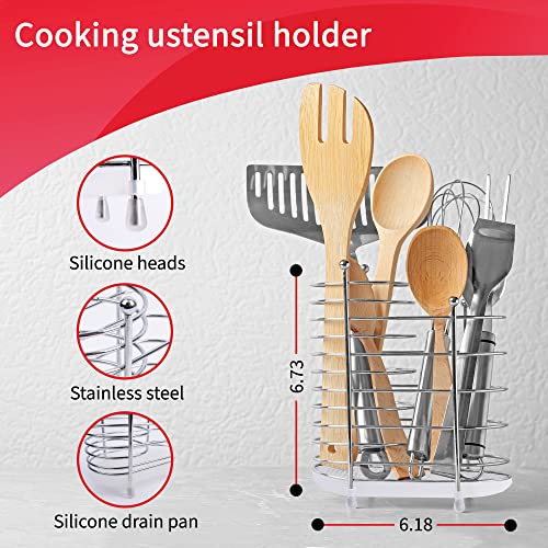 Utensil Caddy Organizer for Kitchen Counter - Modern Silverware Storage-2 Sections Hollowware Holder for Spatula Spoon with Silicone Double Detachable Grates-Rust-resistant Free Standing Flatware Tool