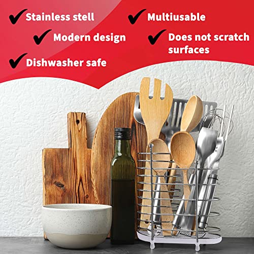 Utensil Caddy Organizer for Kitchen Counter - Modern Silverware Storage-2 Sections Hollowware Holder for Spatula Spoon with Silicone Double Detachable Grates-Rust-resistant Free Standing Flatware Tool