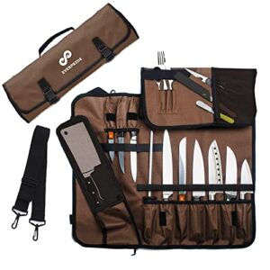 everpride chef knife roll bag holds 10 knives – contains 2 large zippered pockets for meat cleavers and cooking tools – durable knife carrier case for chefs and culinary students – knives not included