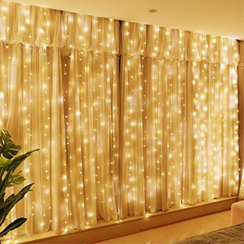 HXWEIYE 300LED Fairy Curtain Lights, USB Plug in 8 Modes Christmas Fairy String Hanging Lights with Remote Controller for Bedroom, Indoor, Outdoor, Weddings, Party, Decorations（9.8x9.8Ft, Warm White）