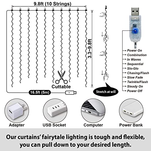 HXWEIYE 300LED Fairy Curtain Lights, USB Plug in 8 Modes Christmas Fairy String Hanging Lights with Remote Controller for Bedroom, Indoor, Outdoor, Weddings, Party, Decorations（9.8x9.8Ft, Warm White）