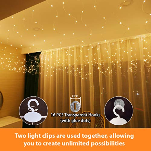 HXWEIYE 300LED Fairy Curtain Lights, USB Plug in 8 Modes Christmas Fairy String Hanging Lights with Remote Controller for Bedroom, Indoor, Outdoor, Weddings, Party, Decorations（9.8x9.8Ft, Warm White）