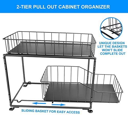 Pull Out Cabinet Organizer, 2 Tier Under Sink Organizers and Storage With Sliding Baskets, Stackable Iron Under Sink Storage for Kitchen, Bathroom, Cabinet, Countertop, Office and More, 1 Pack, Black