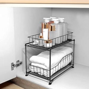 Pull Out Cabinet Organizer, 2 Tier Under Sink Organizers and Storage With Sliding Baskets, Stackable Iron Under Sink Storage for Kitchen, Bathroom, Cabinet, Countertop, Office and More, 1 Pack, Black