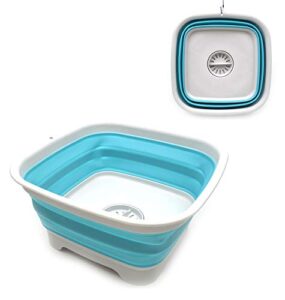 sammart 9.3l (2.46gallon) collapsible dishpan with draining plug – foldable washing basin – portable dish washing tub – space saving kitchen storage tray (1, grey/bright blue)