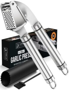 orblue garlic press stainless steel – premium professional grade garlic mincer, crusher & peeler set – easy clean, dishwasher safe & rust-proof