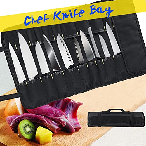 Chef Knife Roll Bag for Chefs, 22 Slots Portable Chef Knife Case Storage Roll Bag with Carry Handle (Black)