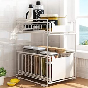 TristonSong Stackable 2-Tie Under Sink Cabinets Organizer with Sliding Storage Drawer, Pull Out Cabinets Organizer Shelf, Sliding Kitchen Countertop Storage Basket-White Large