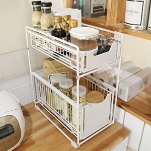 TristonSong Stackable 2-Tie Under Sink Cabinets Organizer with Sliding Storage Drawer, Pull Out Cabinets Organizer Shelf, Sliding Kitchen Countertop Storage Basket-White Large