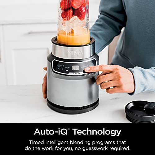 Ninja BN401 Nutri Pro Compact Personal Blender, Auto-iQ Technology, 1100-Peak-Watts, for Frozen Drinks, Smoothies, Sauces & More, with (2) 24-oz. To-Go Cups & Spout Lids, Cloud Silver